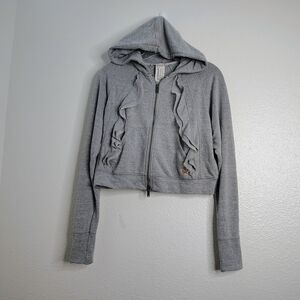 FP Movement Gray Cropped Hoodie XS Double Zip Ruffle Mesh Detail- Fits S/M
